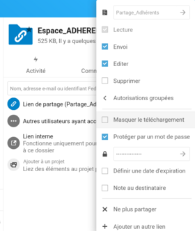  les paramètres de partage définis par l'admin connecté 